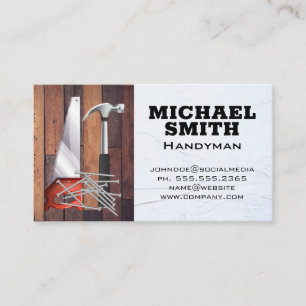 Saw Hammer and Nails   Wooden Boards Business Card