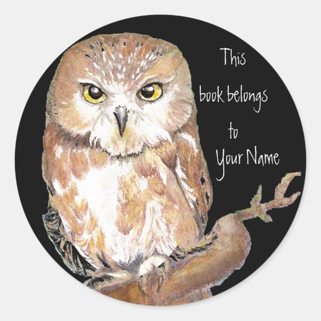 Saw Whet Owl Book Plate Classic Round Sticker (Front)