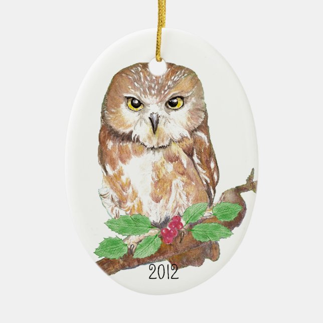 Saw Whet Owl Christmas Custom Dated Ceramic Tree Decoration (Front)