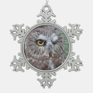 Saw-whet Owl Snowflake Pewter Christmas Ornament
