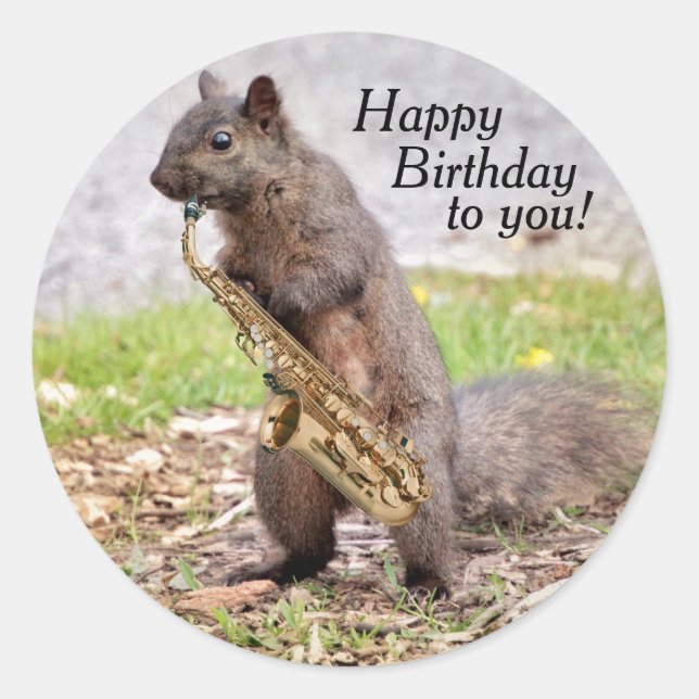 Sax-Playing Squirrel Birthday Stickers (Front)