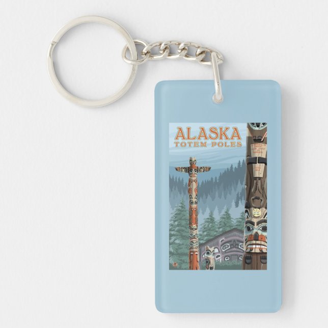 Saxman Totem Village Vintage Travel Poster Key Ring (Front)