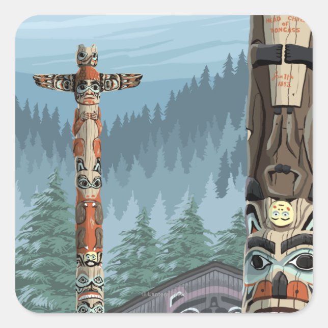 Saxman Totem Village Vintage Travel Poster Square Sticker (Front)