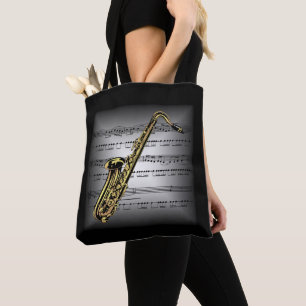 Saxophone ~ 3-D Sheet Music ~ Pillow Grey/Black ~ Tote Bag