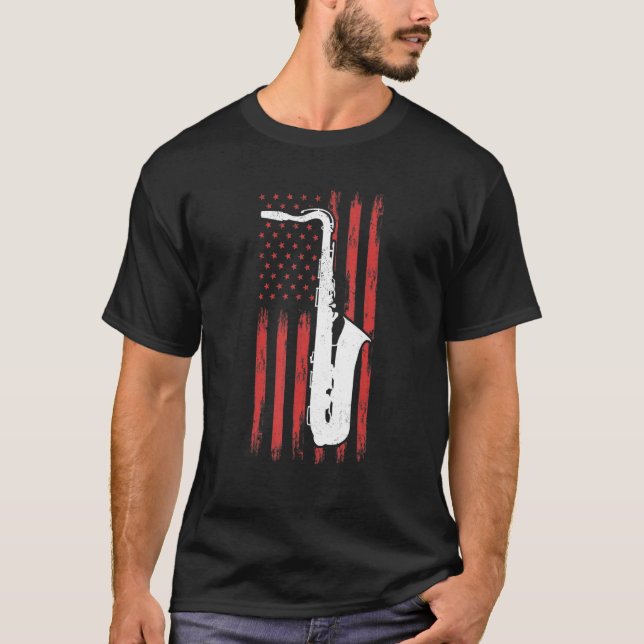 Saxophone America Flag Saxophone Instrument Saxoph T-Shirt (Front)