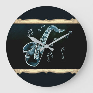 Saxophone And Music Notes Large Clock