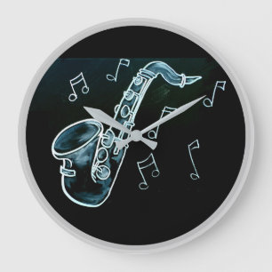 Saxophone And Music Notes Large Clock