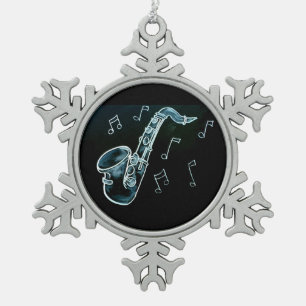 Saxophone And Music Notes Snowflake Pewter Christmas Ornament