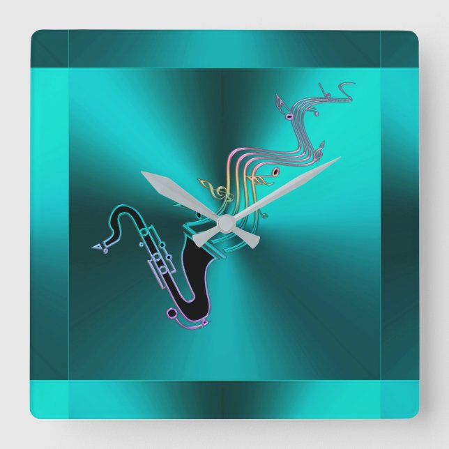 Saxophone  Blowing Notes Modern Metallic Teal Square Wall Clock (Front)