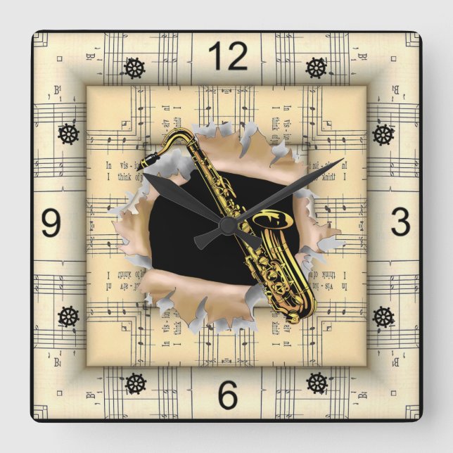 Saxophone ~ Breaking Through ~ Strange Sheet Music Square Wall Clock (Front)
