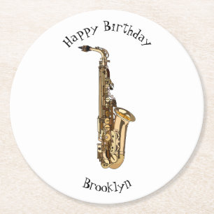 Saxophone cartoon illustration round paper coaster