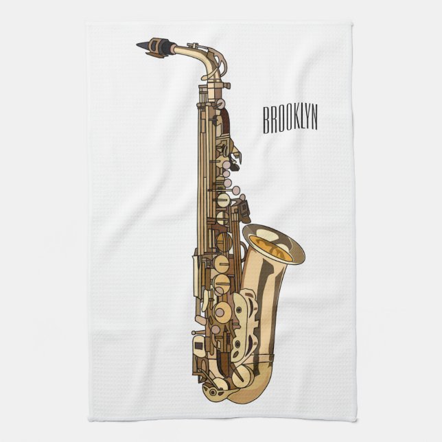 Saxophone cartoon illustration tea towel (Vertical)