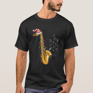 Saxophone Christmas Santa Hat Lights Funny Music X T-Shirt