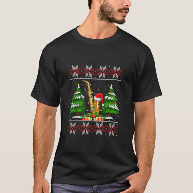 Saxophone Christmas Tree Lights Musical Ugly Sweat T-Shirt (Front)