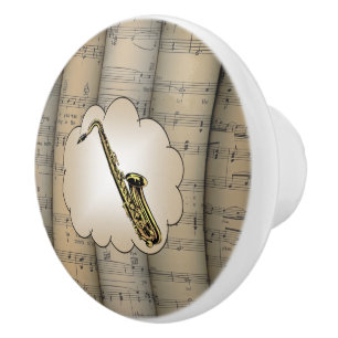 Saxophone ~Cloud~ Rolled Sheet Music Background ~ Ceramic Knob