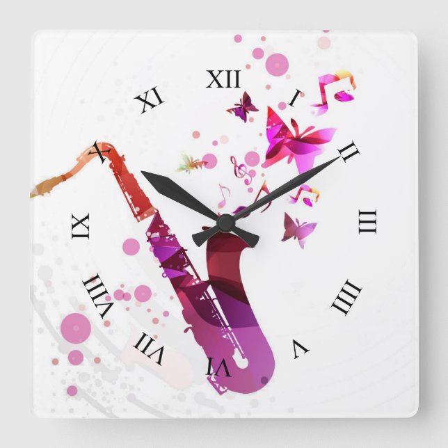 Saxophone cute music and butterflies square wall clock (Front)