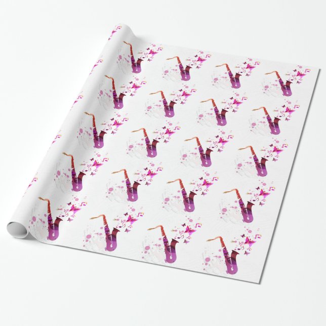 Saxophone cute music and butterflies wrapping paper (Unrolled)
