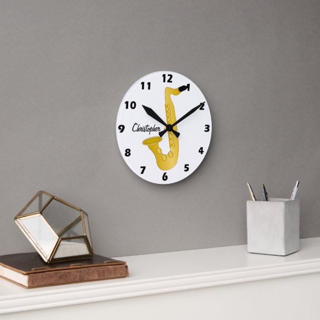 Saxophone Design Personalised Round Clock (Office)