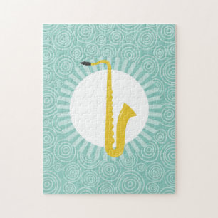 Saxophone Fun Turquoise Swirl Music Jigsaw Puzzle