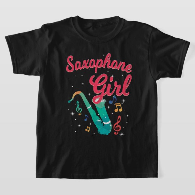 Saxophone Girl Musical Concert Treble Clef Notes S T-Shirt (Laydown)