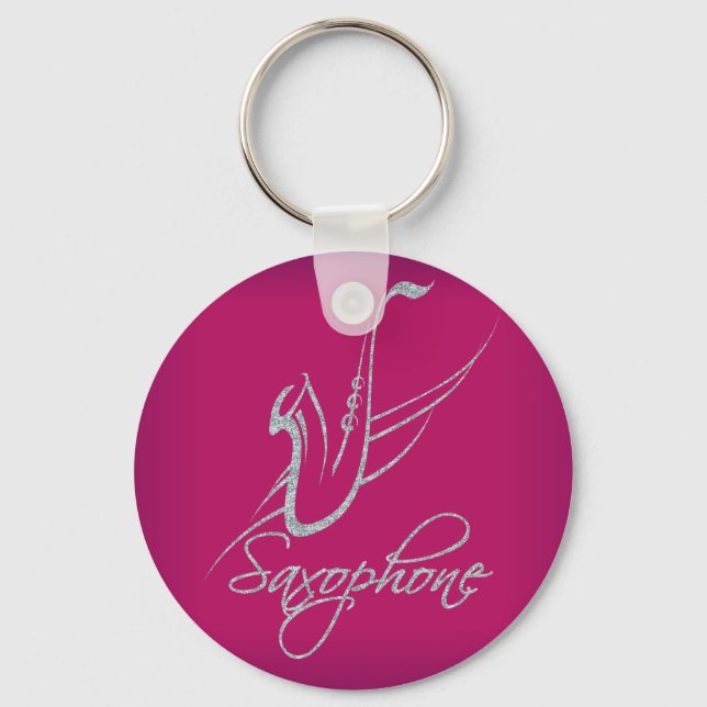 Saxophone Glitter Silver and Pink Key Ring (Front)