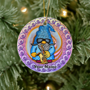 Saxophone gnome ceramic tree decoration