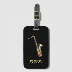 Saxophone Gold Watercolor on Black Luggage Tag