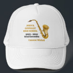 Saxophone High School Band Gold Personalised Trucker Hat<br><div class="desc">This modern custom gold high school marching band graduation hat features the student and band name under the saxophone instrument. Customise for symphonic,  wind ensemble,  or concert band members or their director for a great graduation keepsake gift.</div>