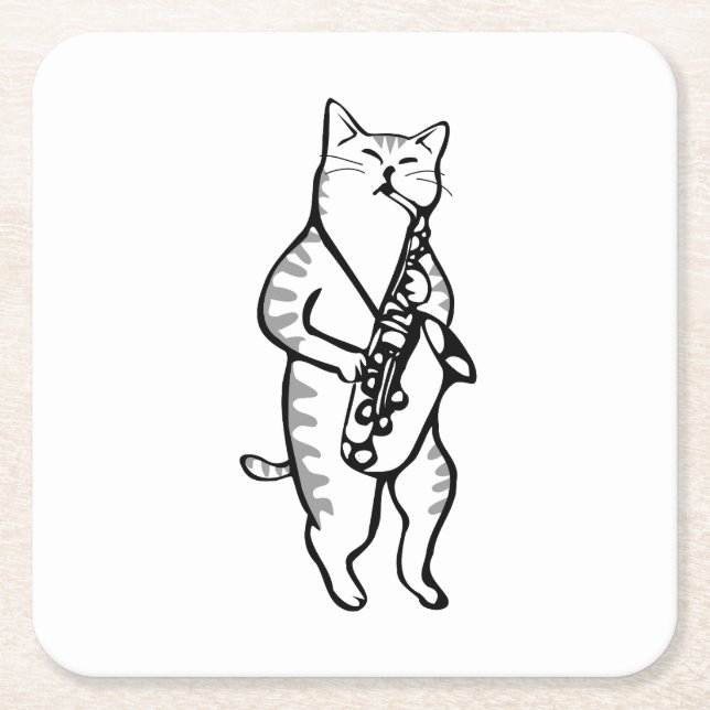 Saxophone Instrument Music Jazz Cat Mouse Pad Square Paper Coaster (Front)