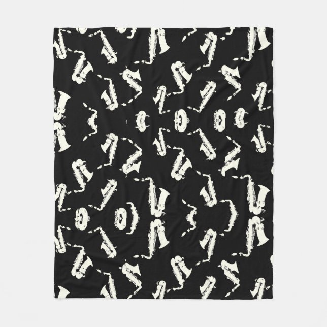 Saxophone Jazz Black And White Pattern Fleece Blanket (Front)