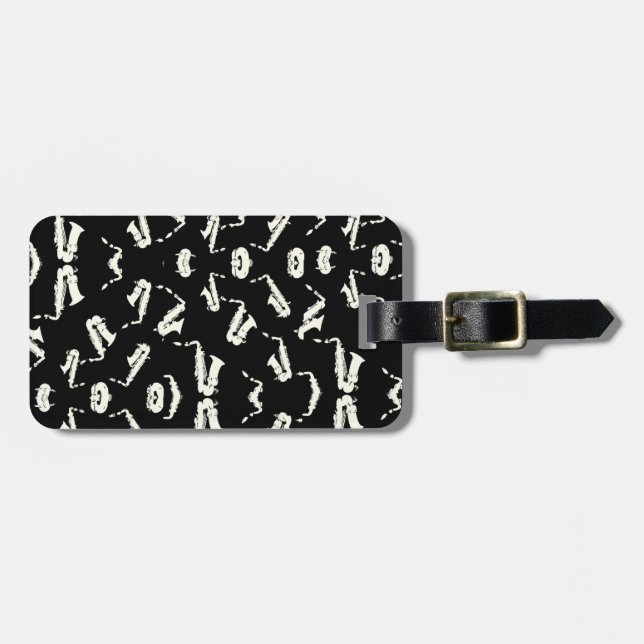 Saxophone Jazz Black And White Pattern Luggage Tag (Front Horizontal)