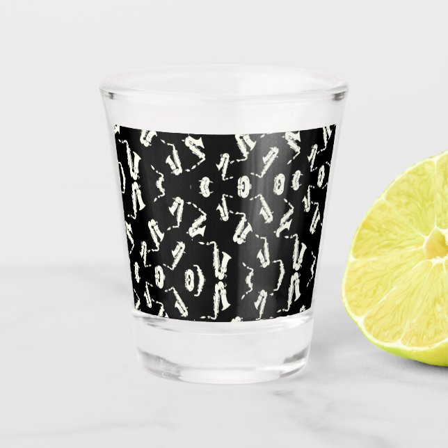 Saxophone Jazz Black And White Pattern Shot Glass (Front)
