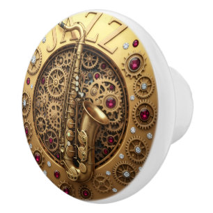 Saxophone, Jazz, Gold, Mechanical, Steampunk Ceramic Knob
