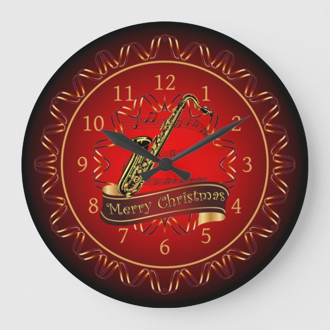 Saxophone ~ Merry Christmas ~ Maroon & Black ~   Large Clock (Front)