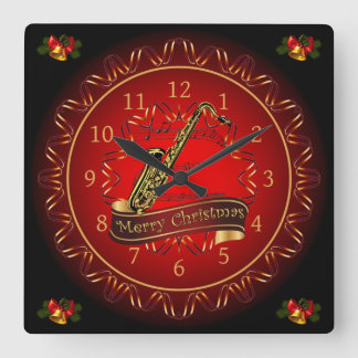 Saxophone ~ Merry Christmas ~ Maroon & Black ~ Square Wall Clock