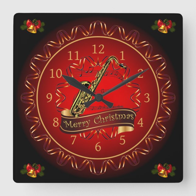 Saxophone ~ Merry Christmas ~ Maroon & Black ~  Square Wall Clock (Front)