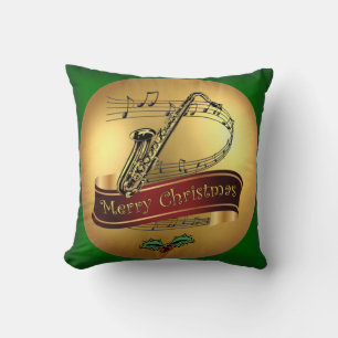 Saxophone ~ Merry Christmas & Musical Scroll ~  Cushion