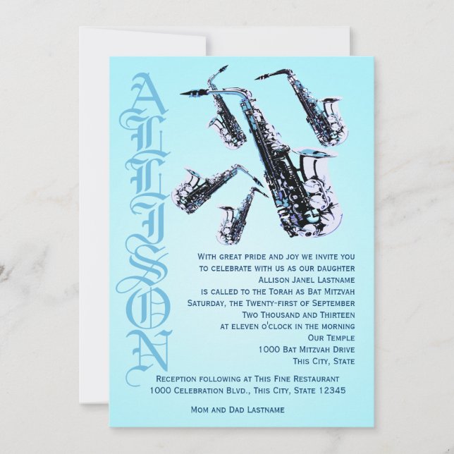 Saxophone Music Bat Mitzvah Invitation (Front)