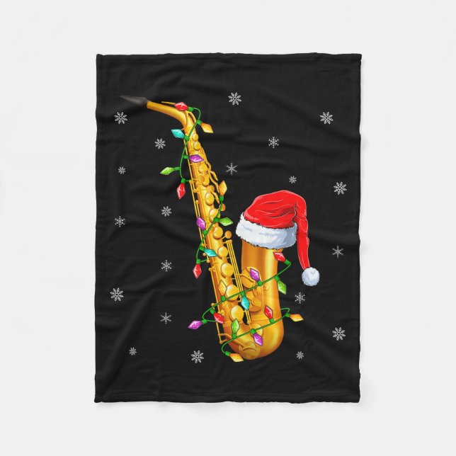 Saxophone Music Lover Xmas Lights Santa Saxophone  Fleece Blanket (Front)