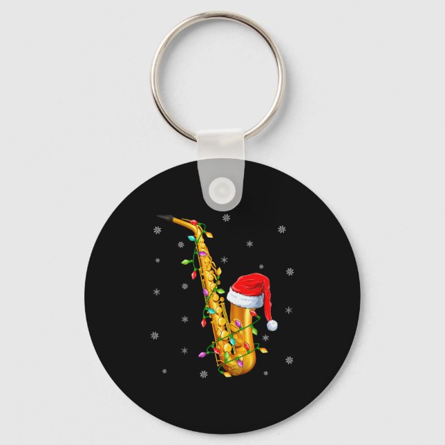 Saxophone Music Lover Xmas Lights Santa Saxophone  Key Ring (Front)
