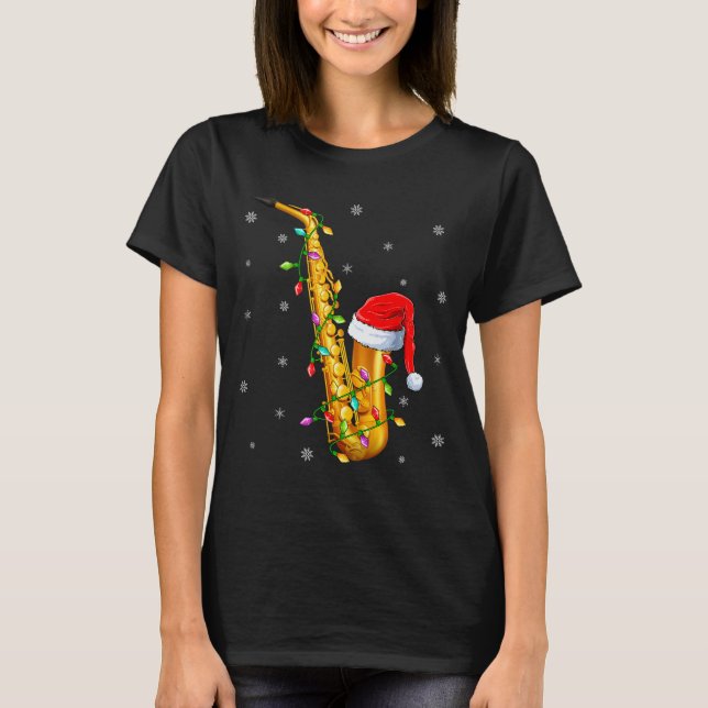 Saxophone Music Lover Xmas Lights Santa Saxophone  T-Shirt (Front)