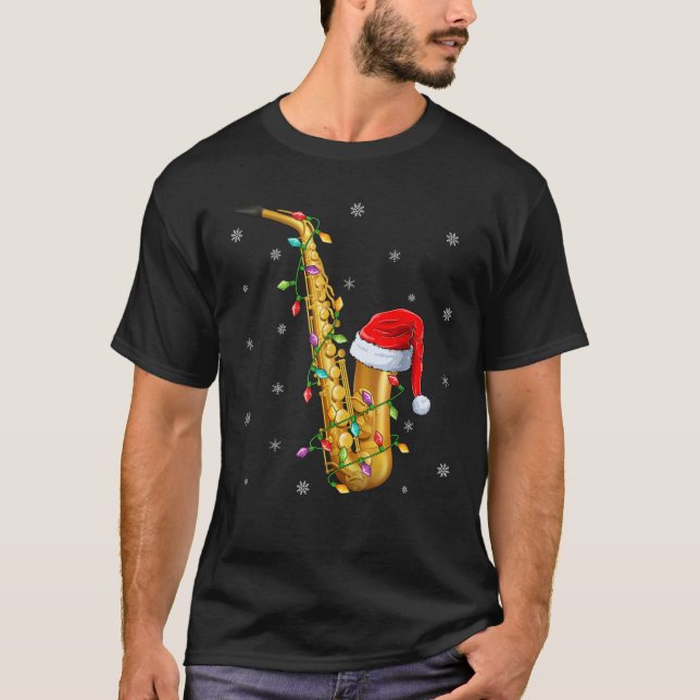 Saxophone Music Lover Xmas Lights Santa Saxophone  T-Shirt (Front)