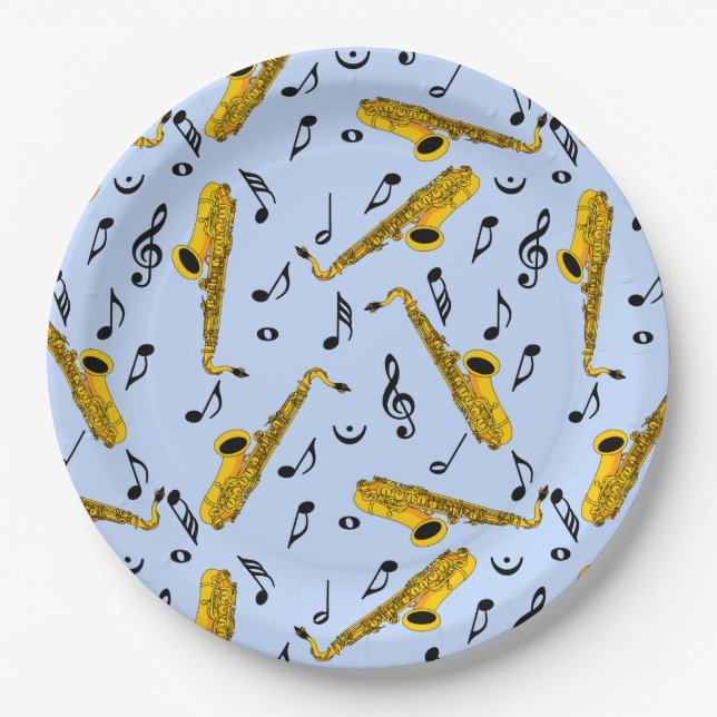 Saxophone Music Note Pattern Paper Plate (Front)