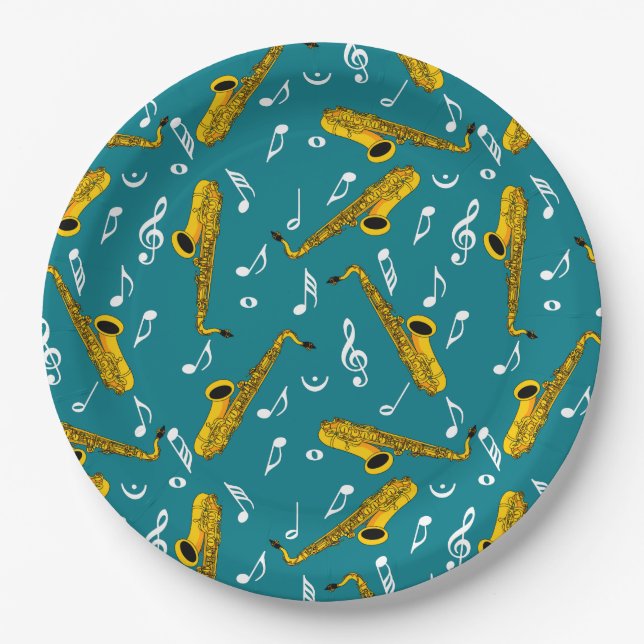 Saxophone Music Note Pattern Paper Plate (Front)