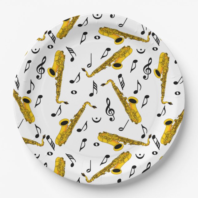 Saxophone Music Note Pattern Paper Plate (Front)