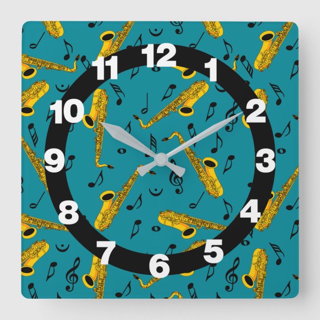 Saxophone Music Note Pattern Square Wall Clock (Front)