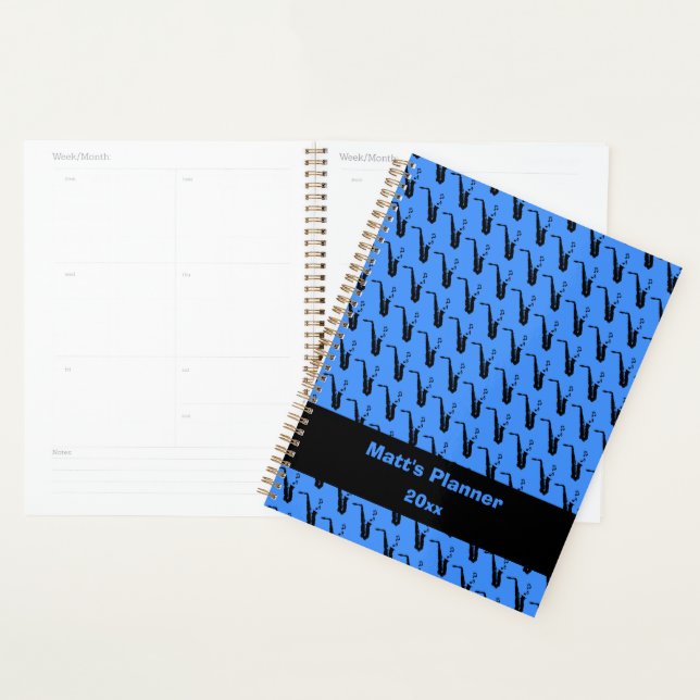Saxophone Music Notes Personalised Blue Planner (Display)