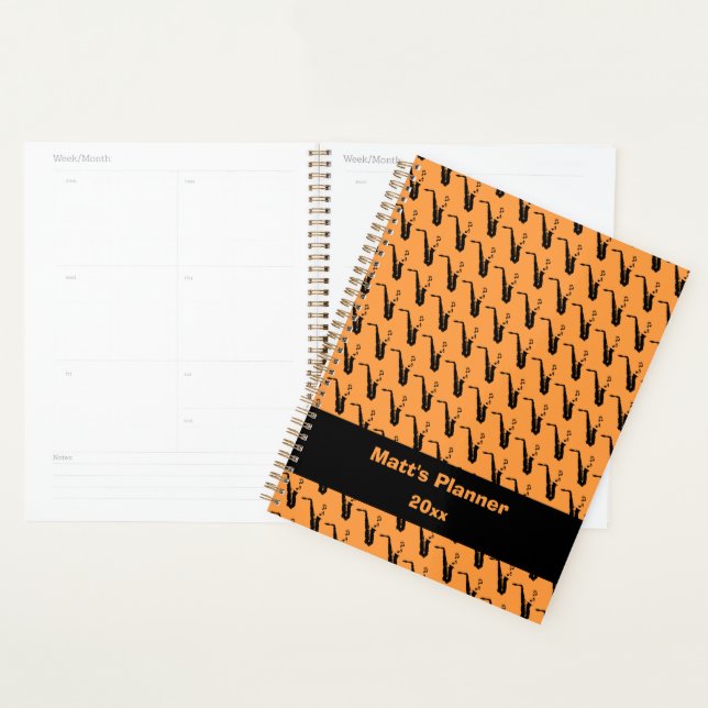 Saxophone Music Notes Personalised Orange Planner (Display)