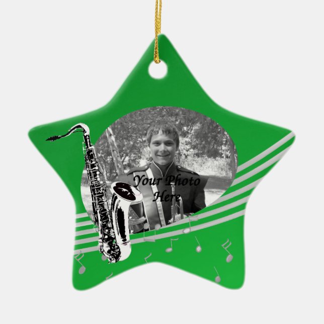 Saxophone Music Photo Green Ceramic Tree Decoration (Front)