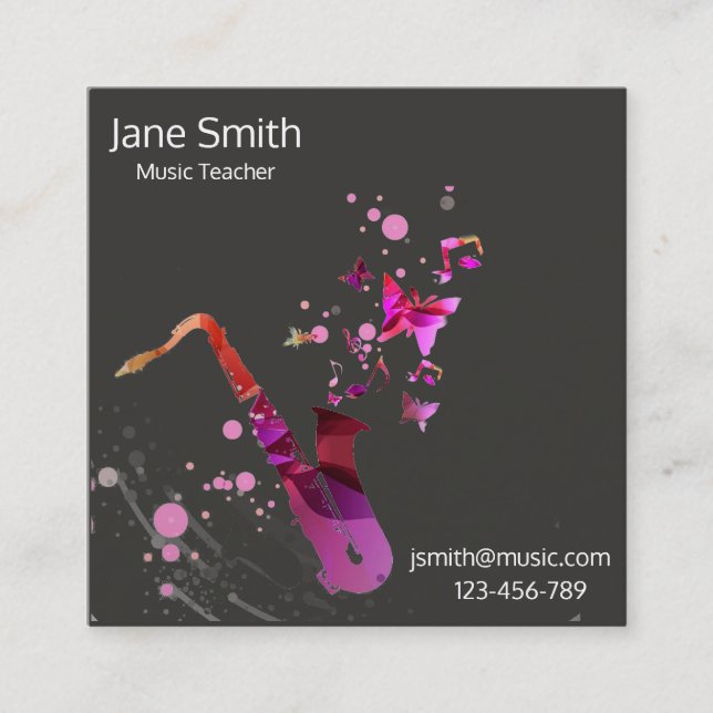 Saxophone Music Teacher freelance Music tutor Square Business Card (Front)